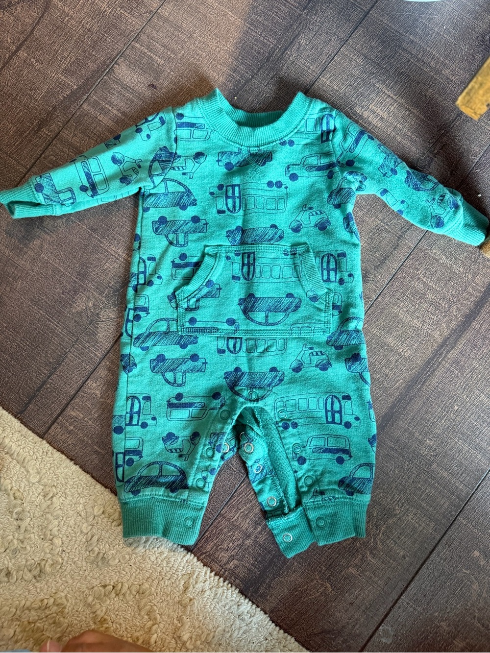 Carter's 3M Teal Green Vehicle Print Long Sleeve Snap-Up Romper with Pocket